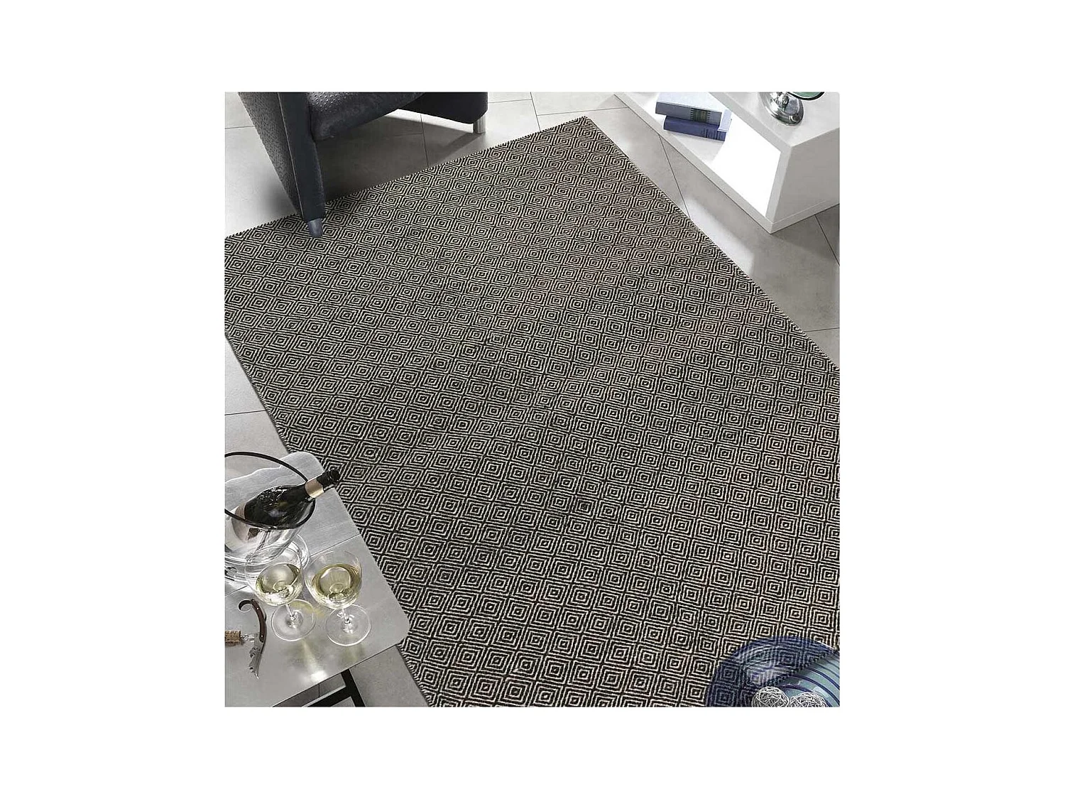 Tapis kilim 200x300 rectangle fait main en laine gris motif géométrique