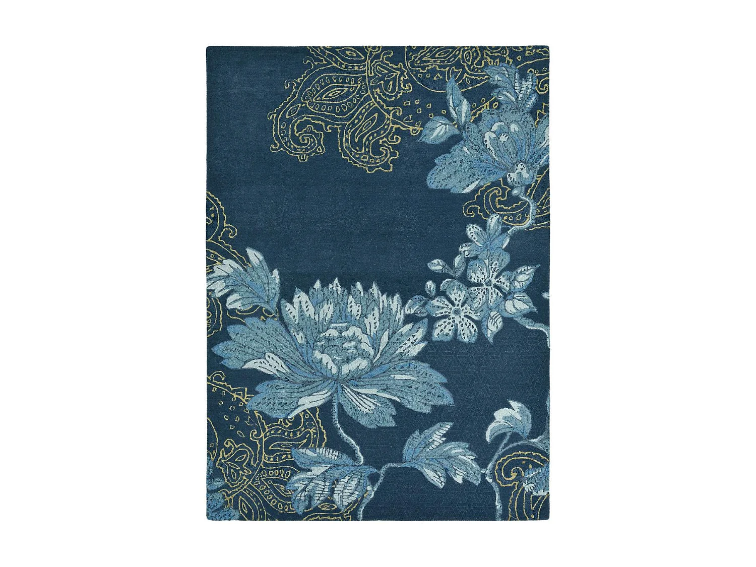 tapis chambre 120x180 fait à la main en laine bleu marine et bleu motif floral