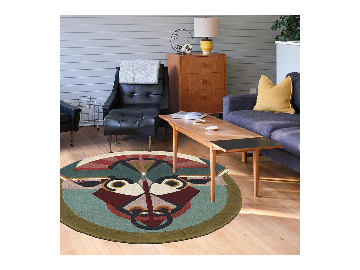 tapis entrée 100x100 fait à la main en laine multicolore motif fresque