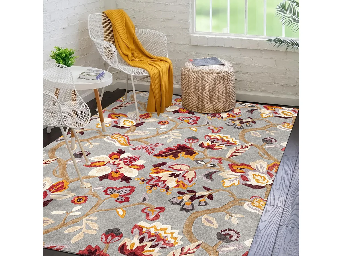 tapis salon 200x280 fait à la main en laine gris et rose motif floral