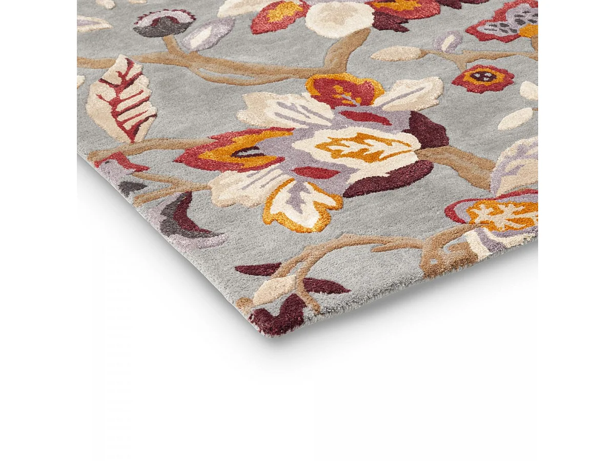 tapis salon 200x280 fait à la main en laine gris et rose motif floral