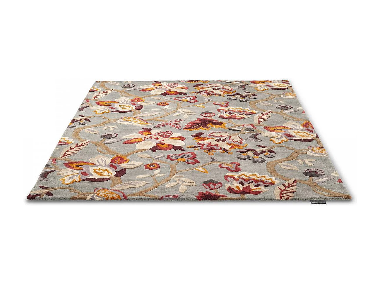 tapis salon 200x280 fait à la main en laine gris et rose motif floral