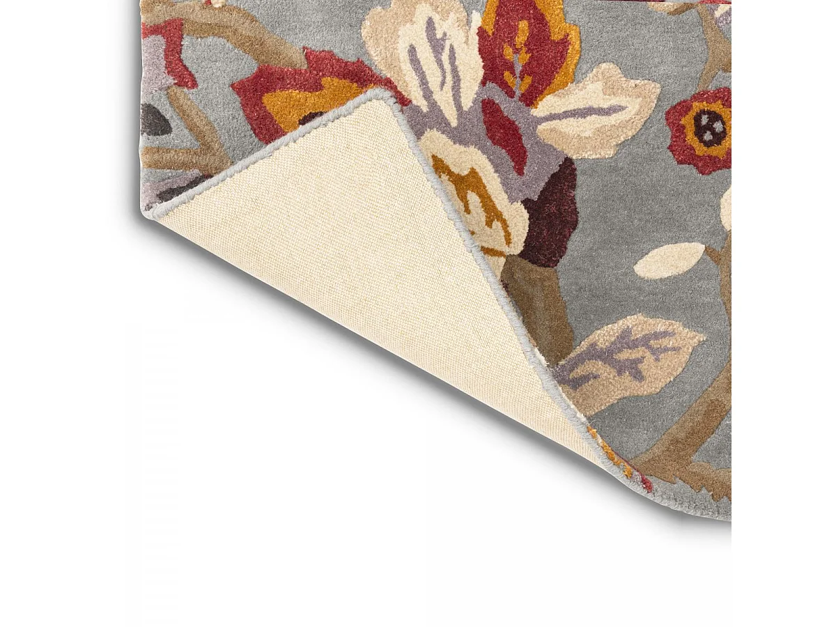 tapis salon 200x280 fait à la main en laine gris et rose motif floral