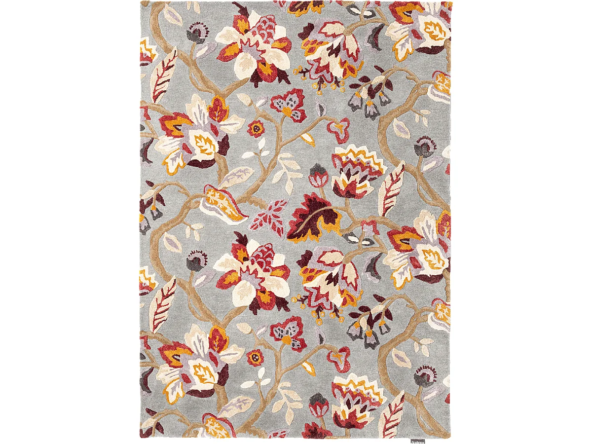 tapis salon 200x280 fait à la main en laine gris et rose motif floral