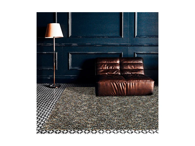 Tapis shaggy 250x350 rectangle tissé bleu et crème en laine motif faux uni ROCKS