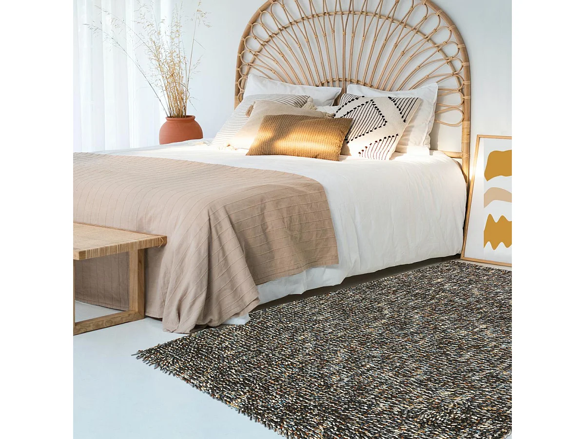 Tapis shaggy 250x350 rectangle tissé bleu et crème en laine motif faux uni ROCKS