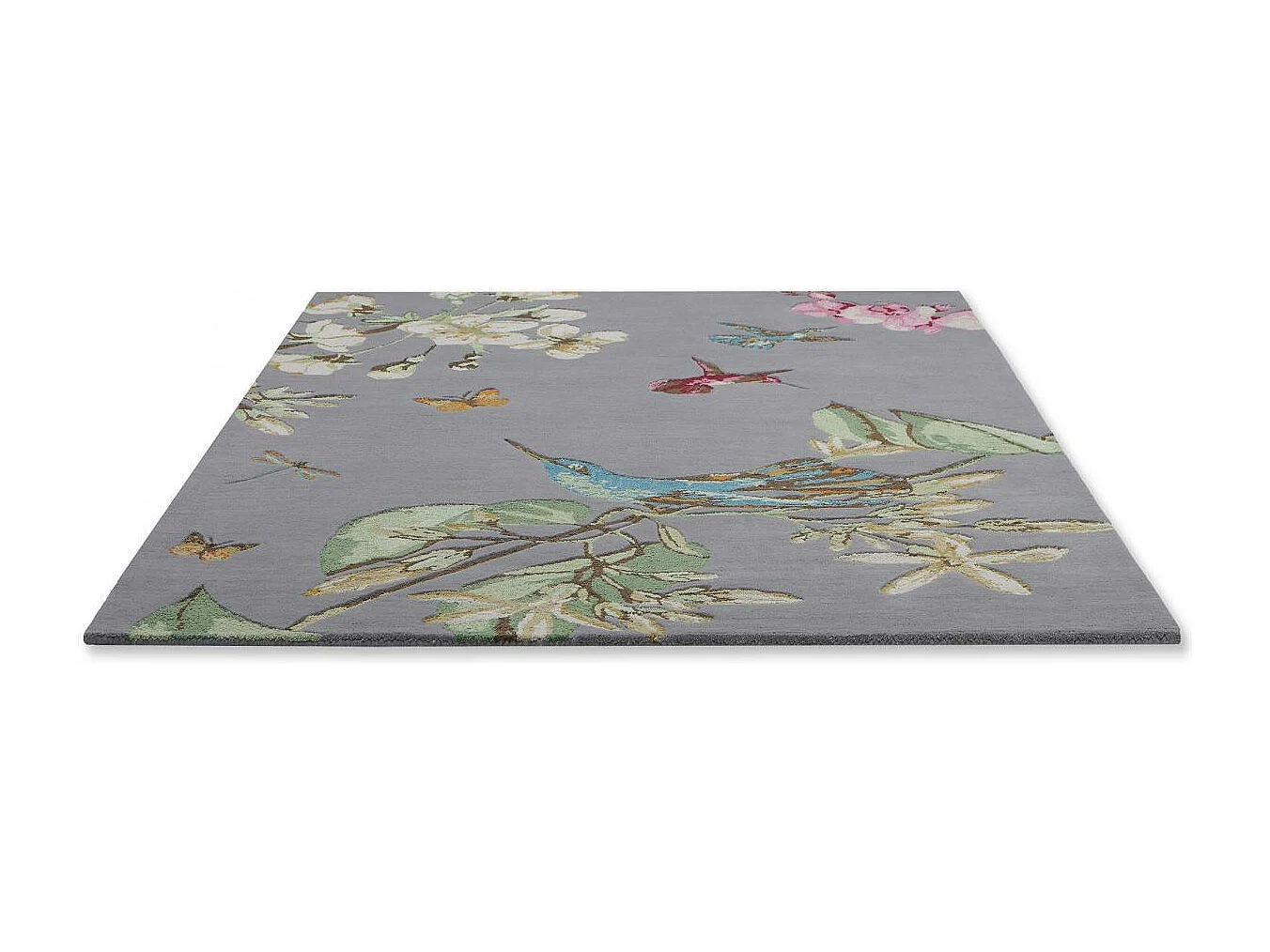 tapis entrée 120x180 fait à la main en laine gris et crème motif floral