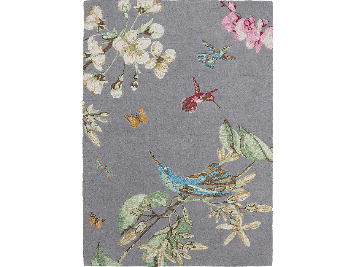 tapis entrée 120x180 fait à la main en laine gris et crème motif floral