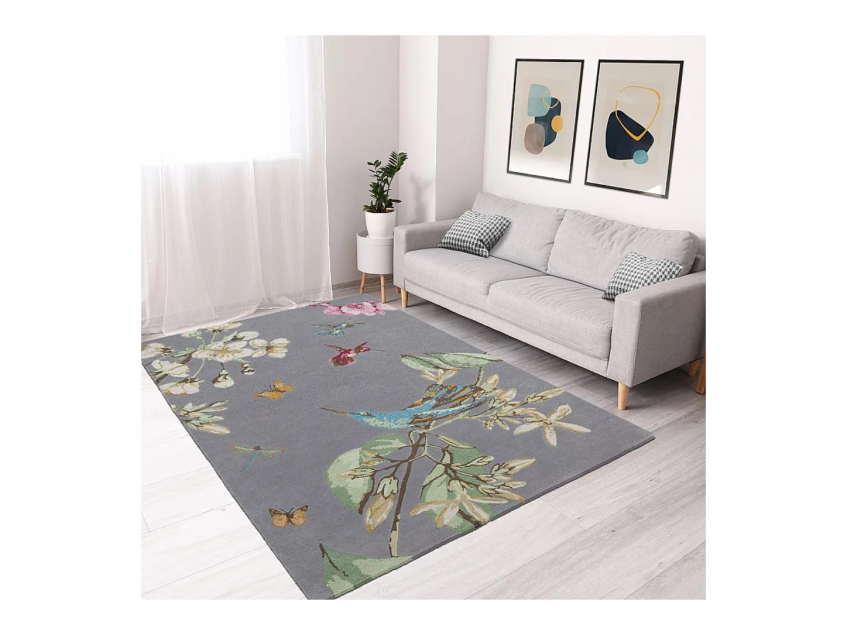 tapis entrée 120x180 fait à la main en laine gris et crème motif floral