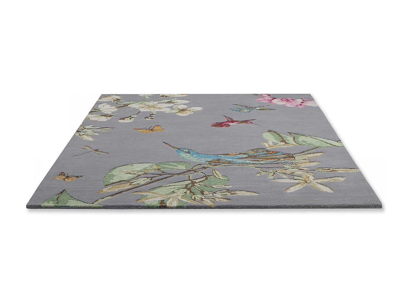 tapis entrée 120x180 fait à la main en laine gris et crème motif floral