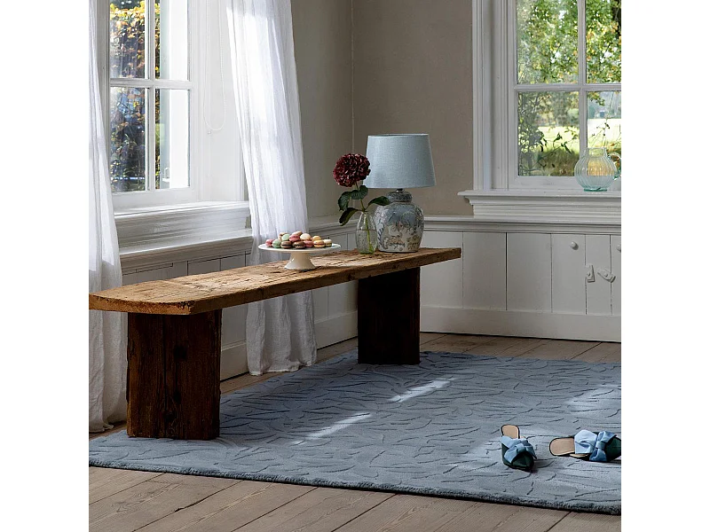 tapis cuisine 170x240 fait main en laine bleu rectangle motif floral CLEAVERS