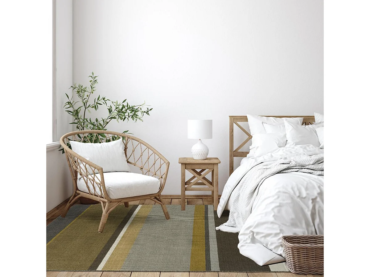 tapis salon 250x350 fait main en laine marron et moutarde motif géométrique