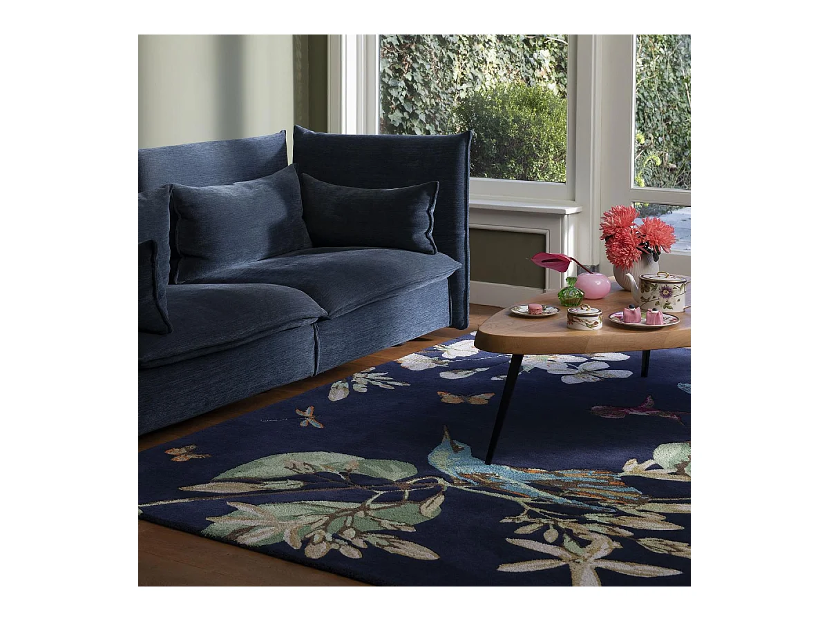 tapis salle à manger 250x350 fait à la main en laine bleu marine et vert