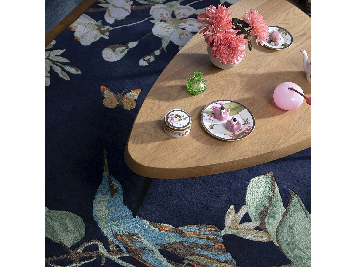 tapis salle à manger 250x350 fait à la main en laine bleu marine et vert