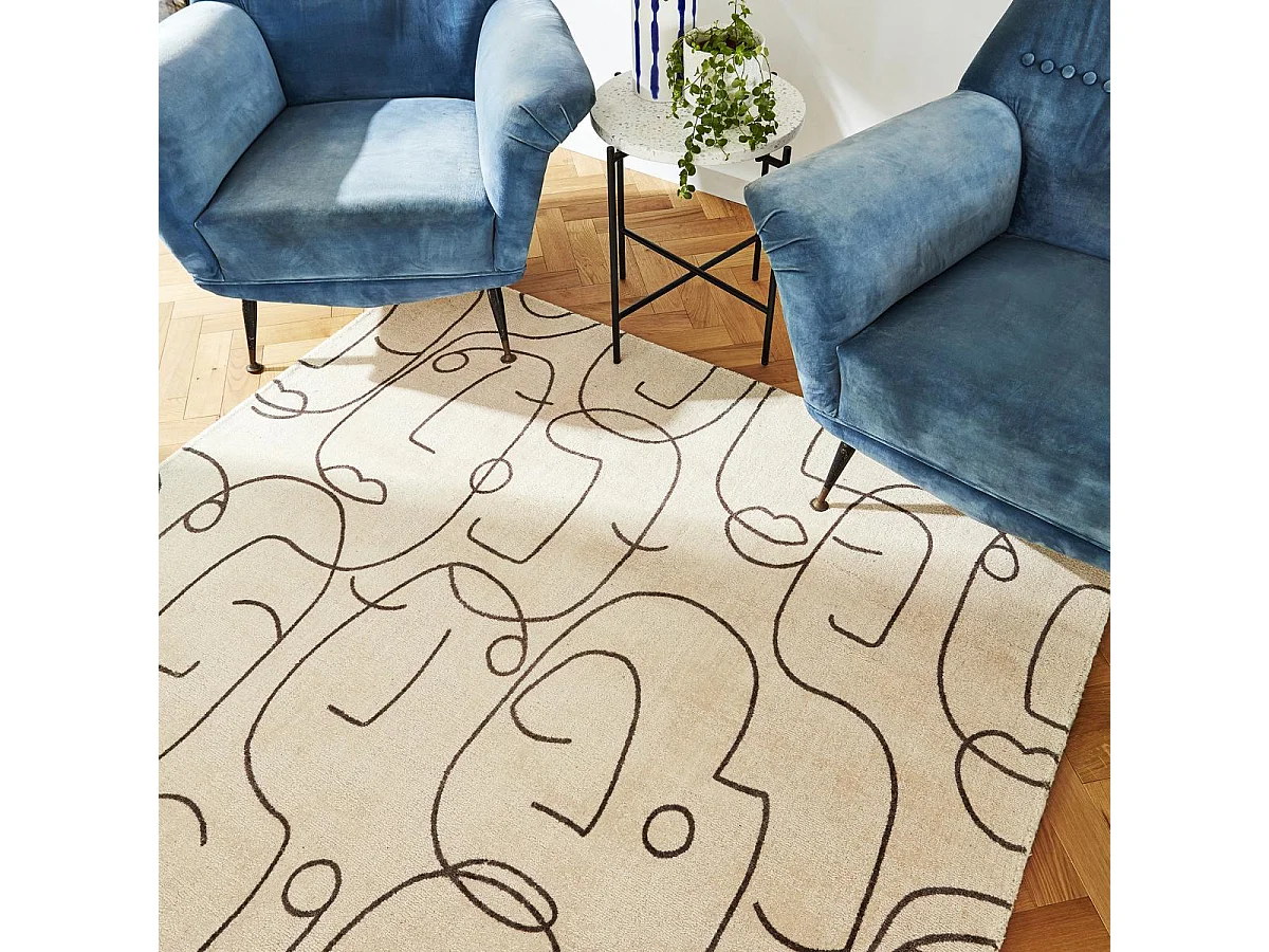 tapis entrée 120x180 fait à la main en laine beige rectangle motif abstrait