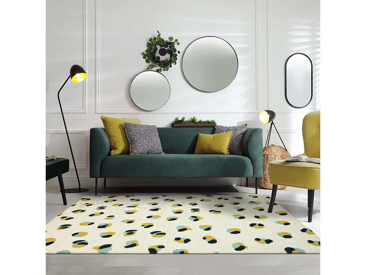 tapis chambre 160x230 fait à la main en laine crème et jaune motif simple