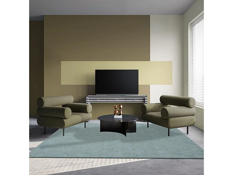 tapis salon 200x280 fait à la main en laine bleu et vert rectangle motif faux uni