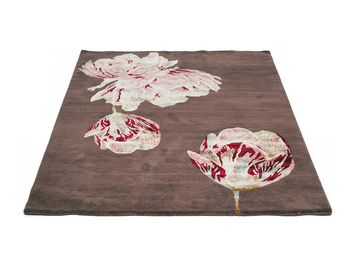 tapis entrée 140x200 fait à la main en laine marron et beige motif floral