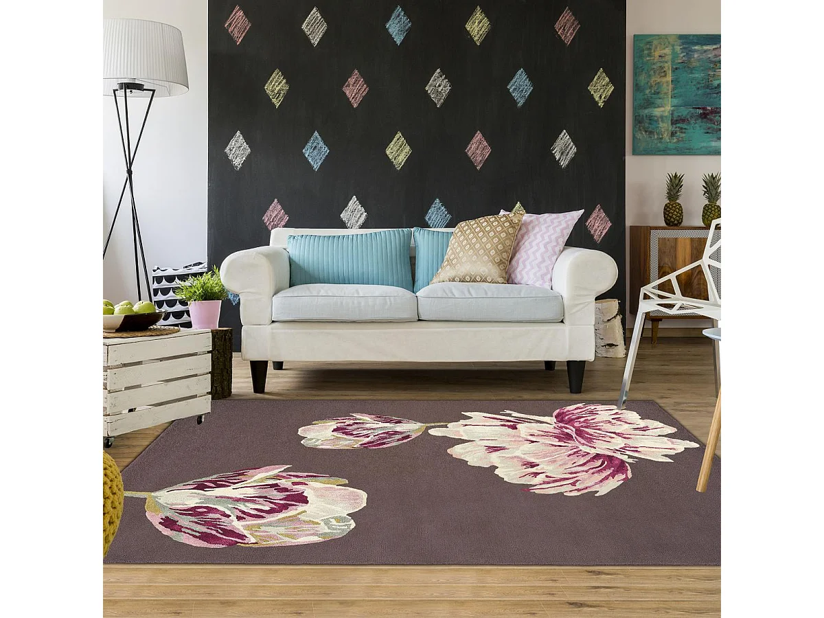 tappeto da ingresso 140x200 realizzato a mano in lana marrone e beige fantasia floreale