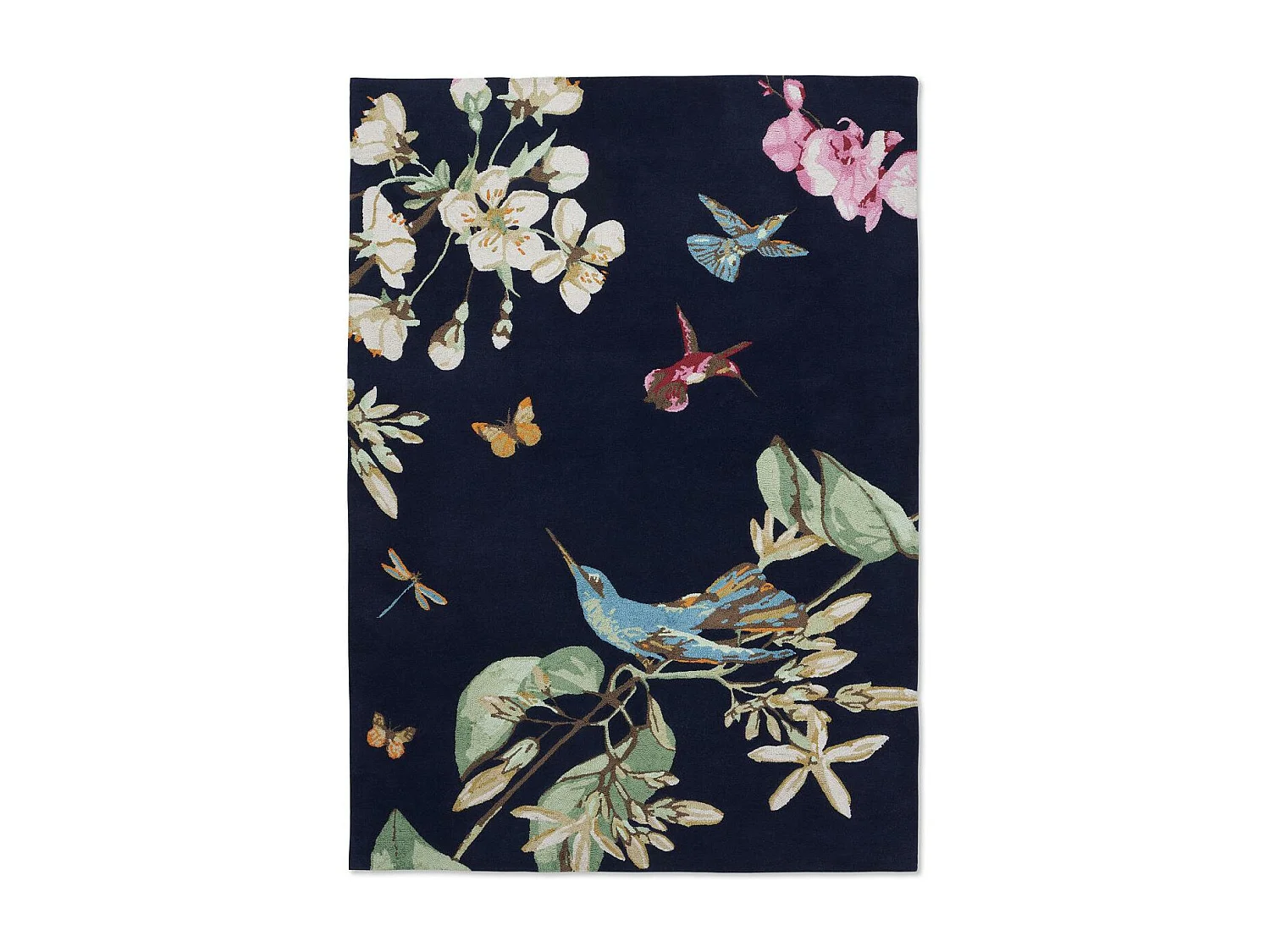 tapis chambre 170x240 fait à la main en laine bleu marine et vert motif floral