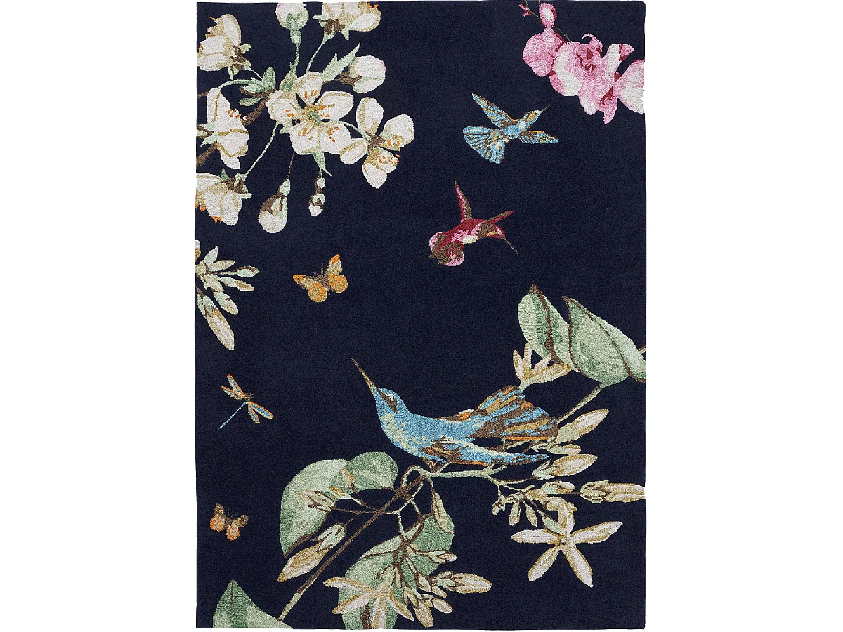 tapis chambre 170x240 fait à la main en laine bleu marine et vert motif floral