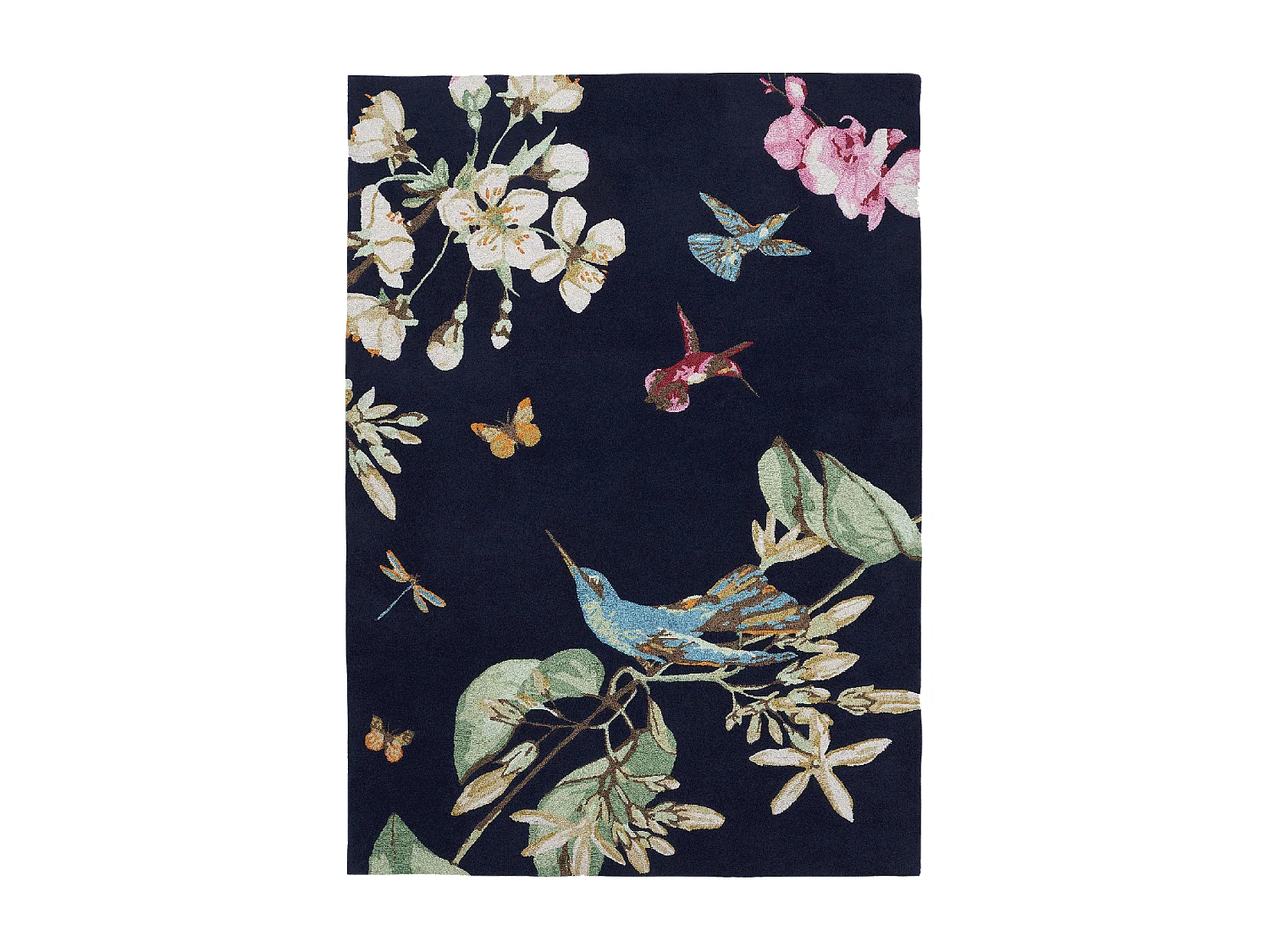 tapis chambre 170x240 fait à la main en laine bleu marine et vert motif floral