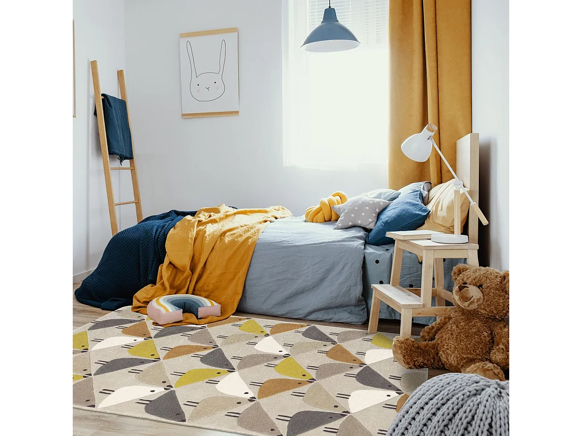 tapis couloir 90x150 fait à la main en laine gris et jaune motif animaux