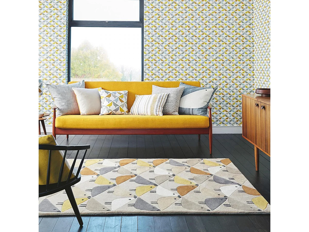 tapis couloir 90x150 fait à la main en laine gris et jaune motif animaux