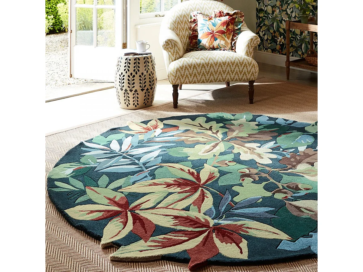 Tapis rond Ø150cm fait main en laine motif floral pour salon ROBINS
