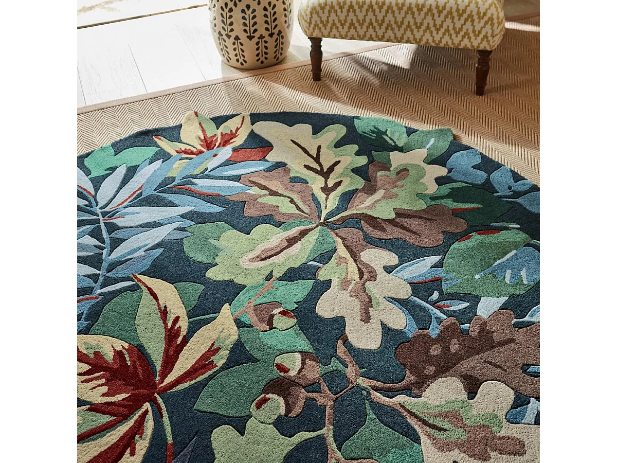 Tapis rond Ø150cm fait main en laine motif floral pour salon ROBINS