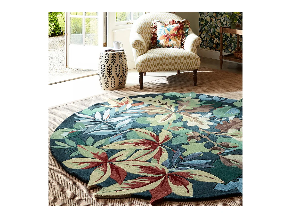 Tapis rond Ø150cm fait main en laine motif floral pour salon ROBINS