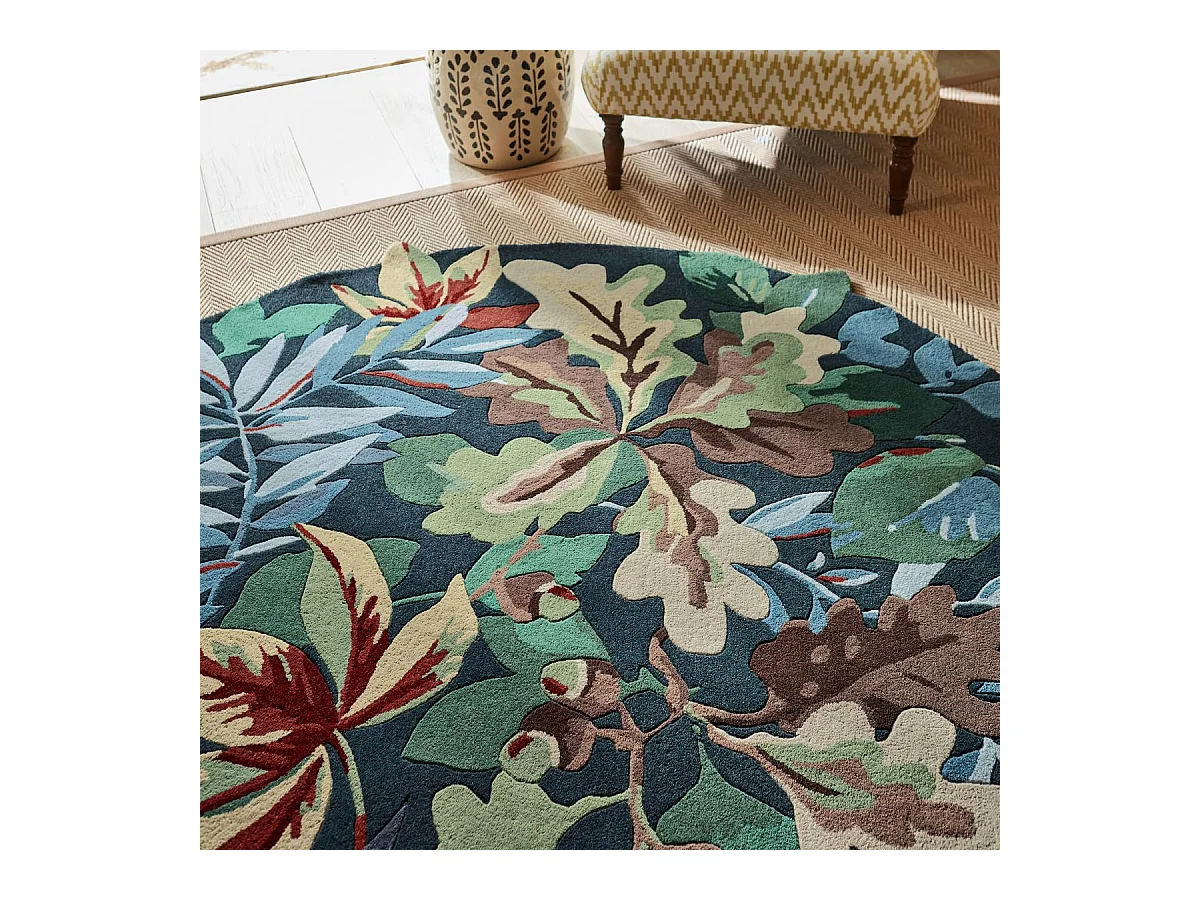 Tapis rond Ø150cm fait main en laine motif floral pour salon ROBINS