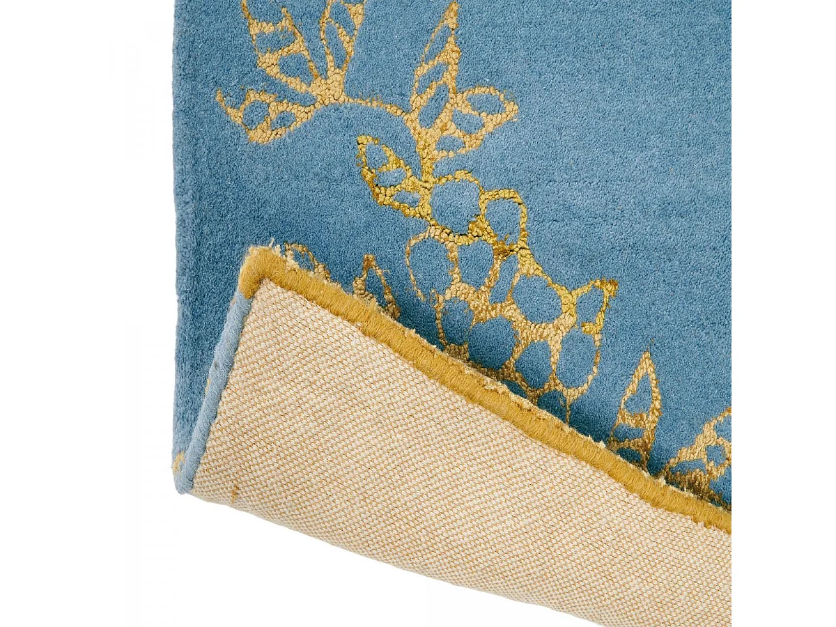 tapis chambre 120x180 fait à la main en laine bleu et or rectangle motif floral