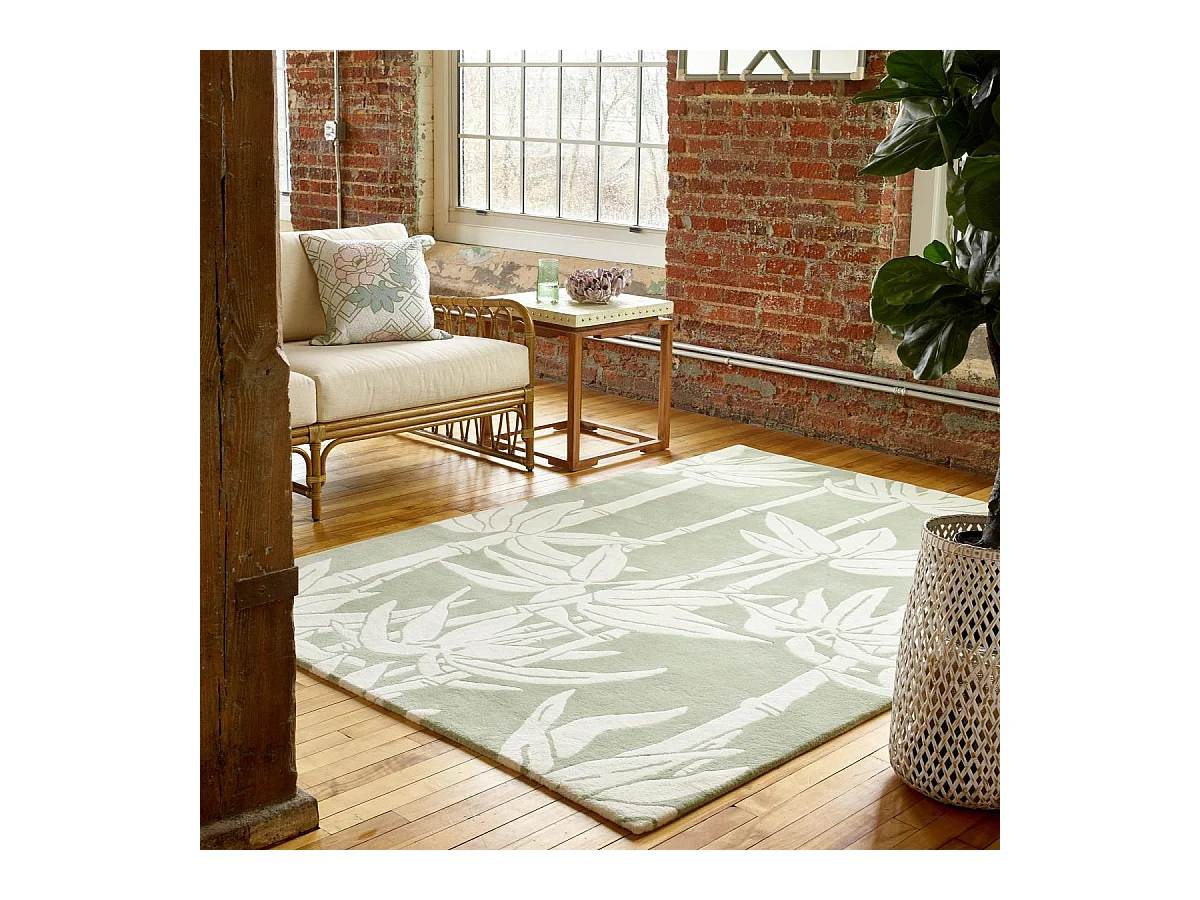 tapis salle à manger 200x280 fait à la main en laine vert gris et crème