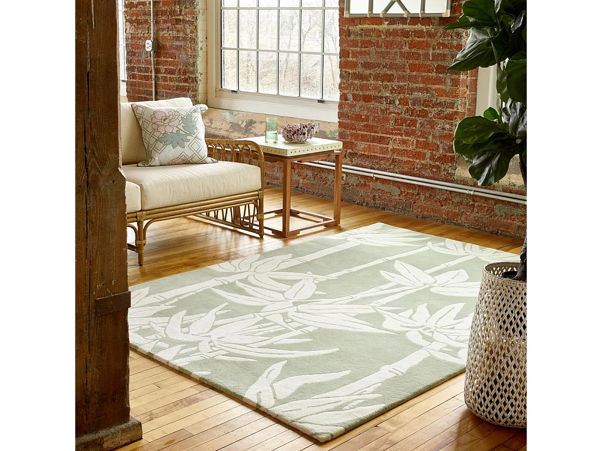 tapis salle à manger 200x280 fait à la main en laine vert gris et crème