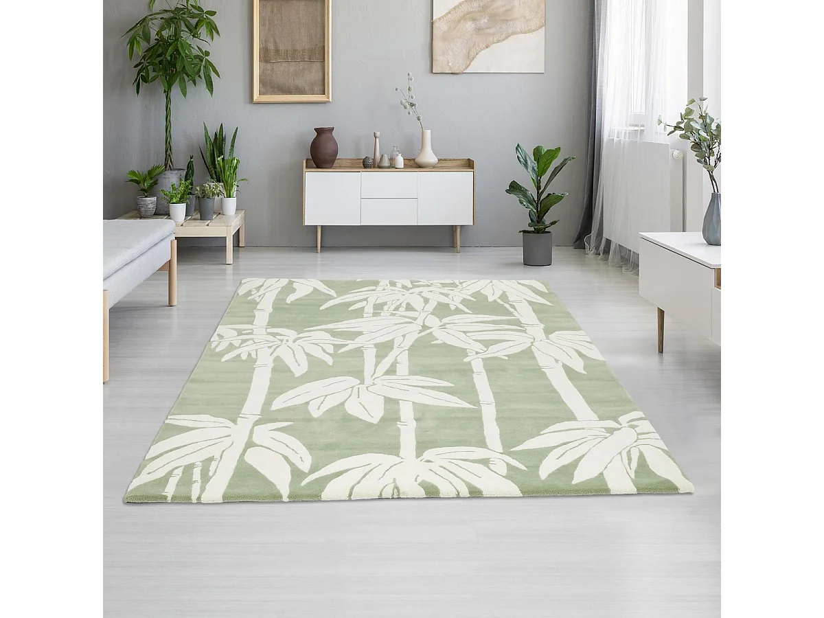 tapis salle à manger 200x280 fait à la main en laine vert gris et crème