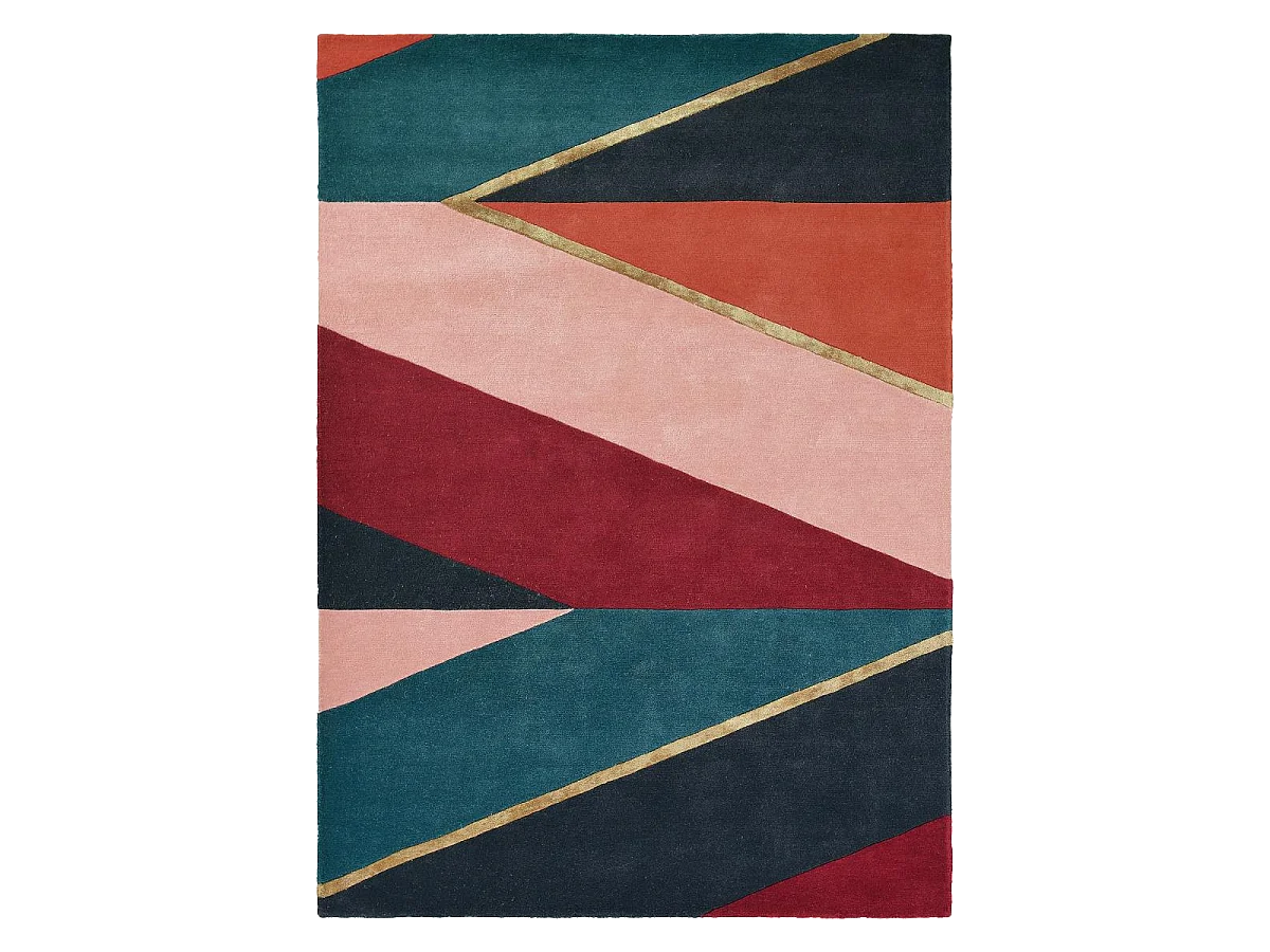 tapis chambre 170x240 fait à la main en laine rose et rouge motif géométrique