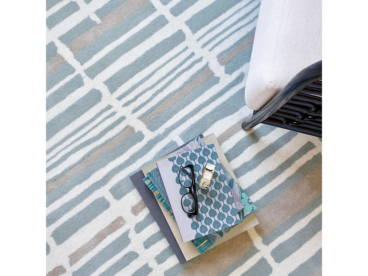 tapis salle à manger 200x280 fait à la main en laine bleu et gris