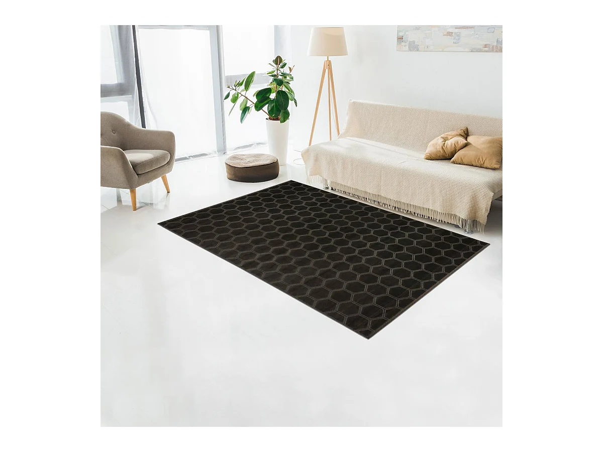 tapis de couloir 80x250 fait à la main en viscose noir et blancmotif scandinave