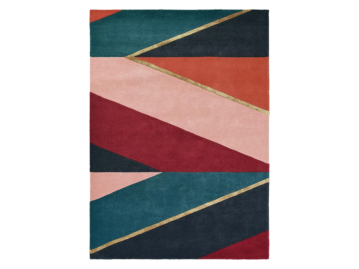 tapis entrée 140x200 fait à la main en laine rose et rouge motif géométrique