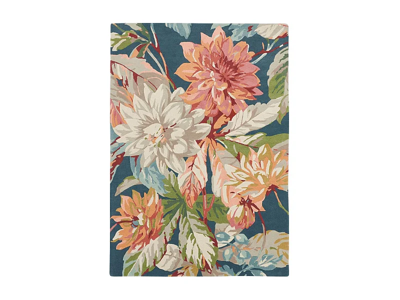 tapis salon 200x280 fait à la main en laine bleu et orange motif floral