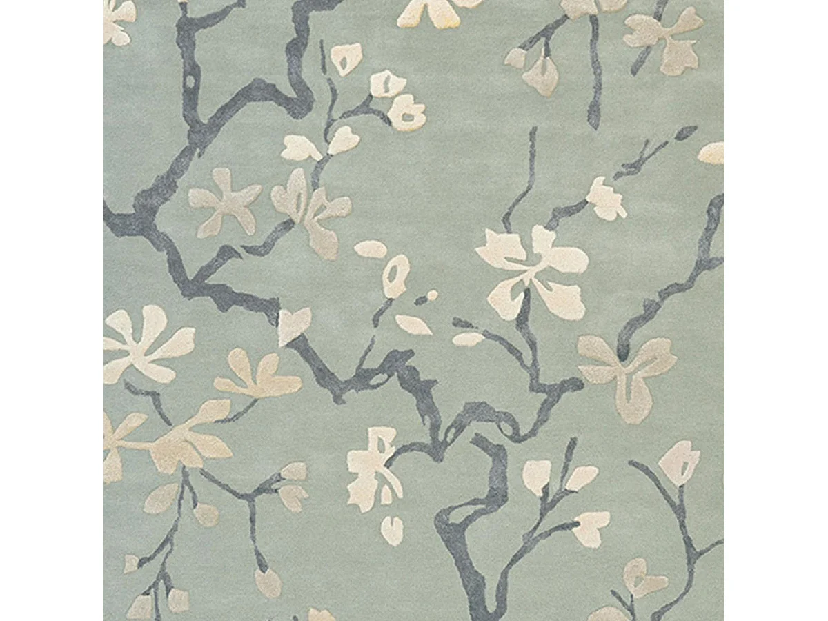 tapis entrée 140x200 fait à la main en laine bleu et gris rectangle motif floral