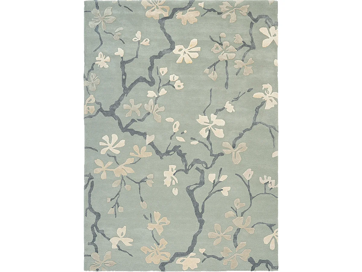 tapis entrée 140x200 fait à la main en laine bleu et gris rectangle motif floral