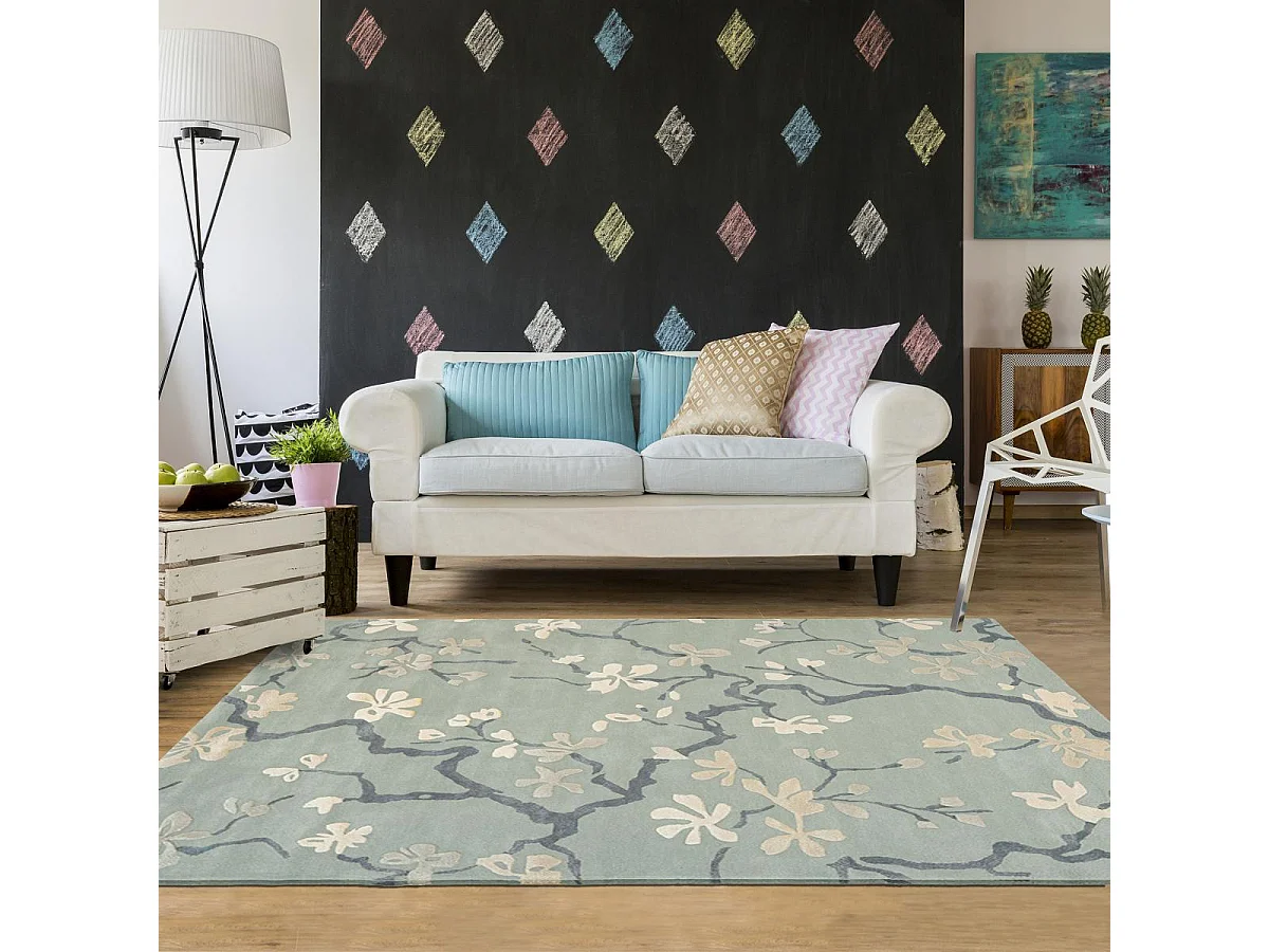 tappeto da ingresso 140x200 realizzato a mano in lana blu e grigia con motivo floreale rettangolare