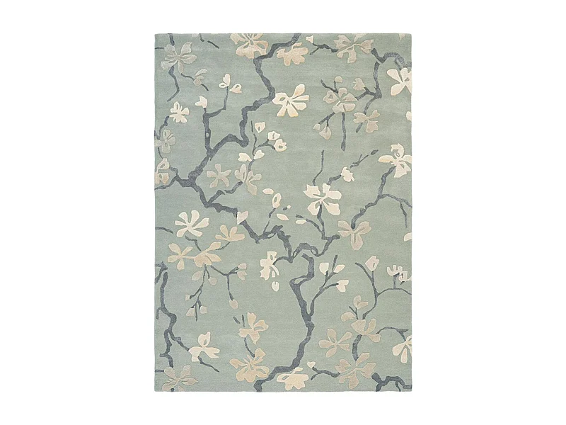 tapis entrée 140x200 fait à la main en laine bleu et gris rectangle motif floral