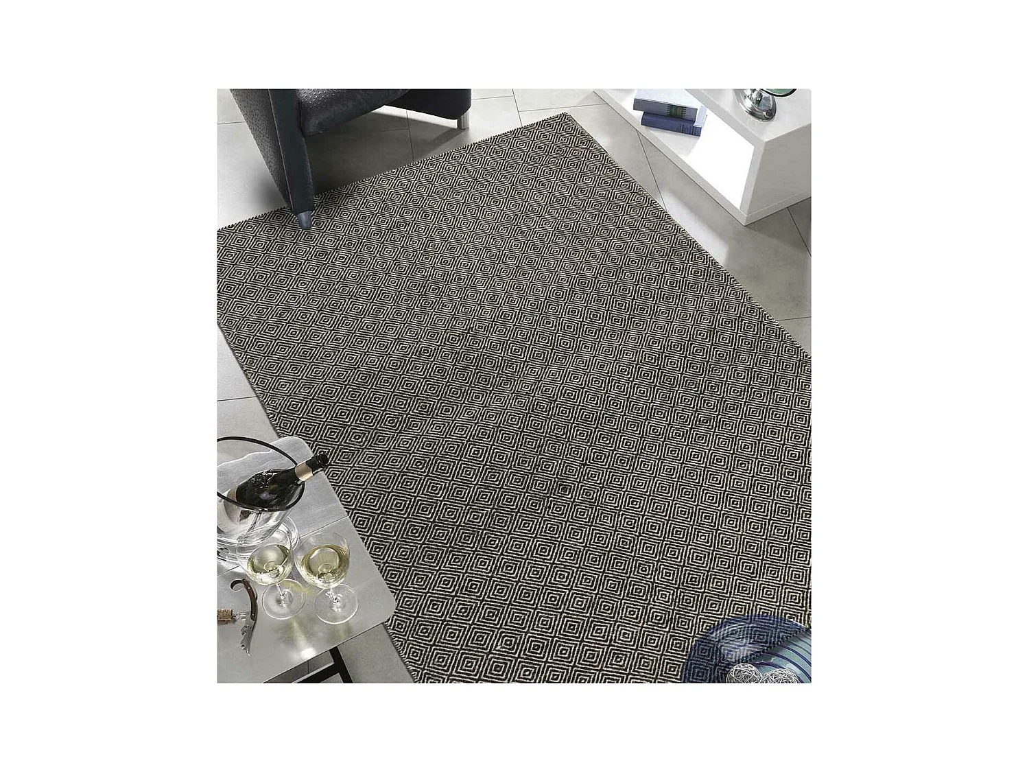 Tapis kilim 170x240 rectangle fait main en laine gris motif géométrique