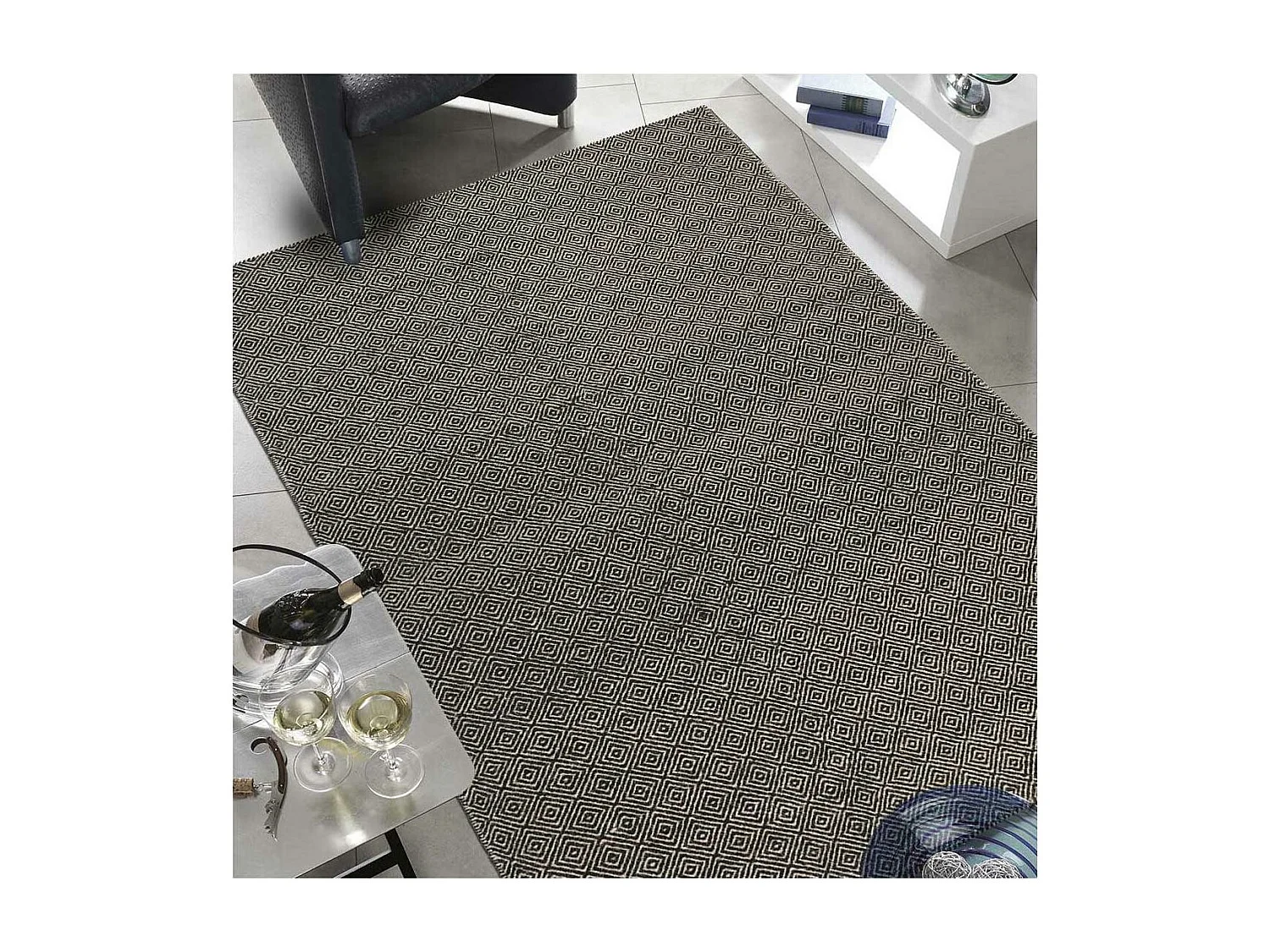 Tapis kilim 170x240 rectangle fait main en laine gris motif géométrique