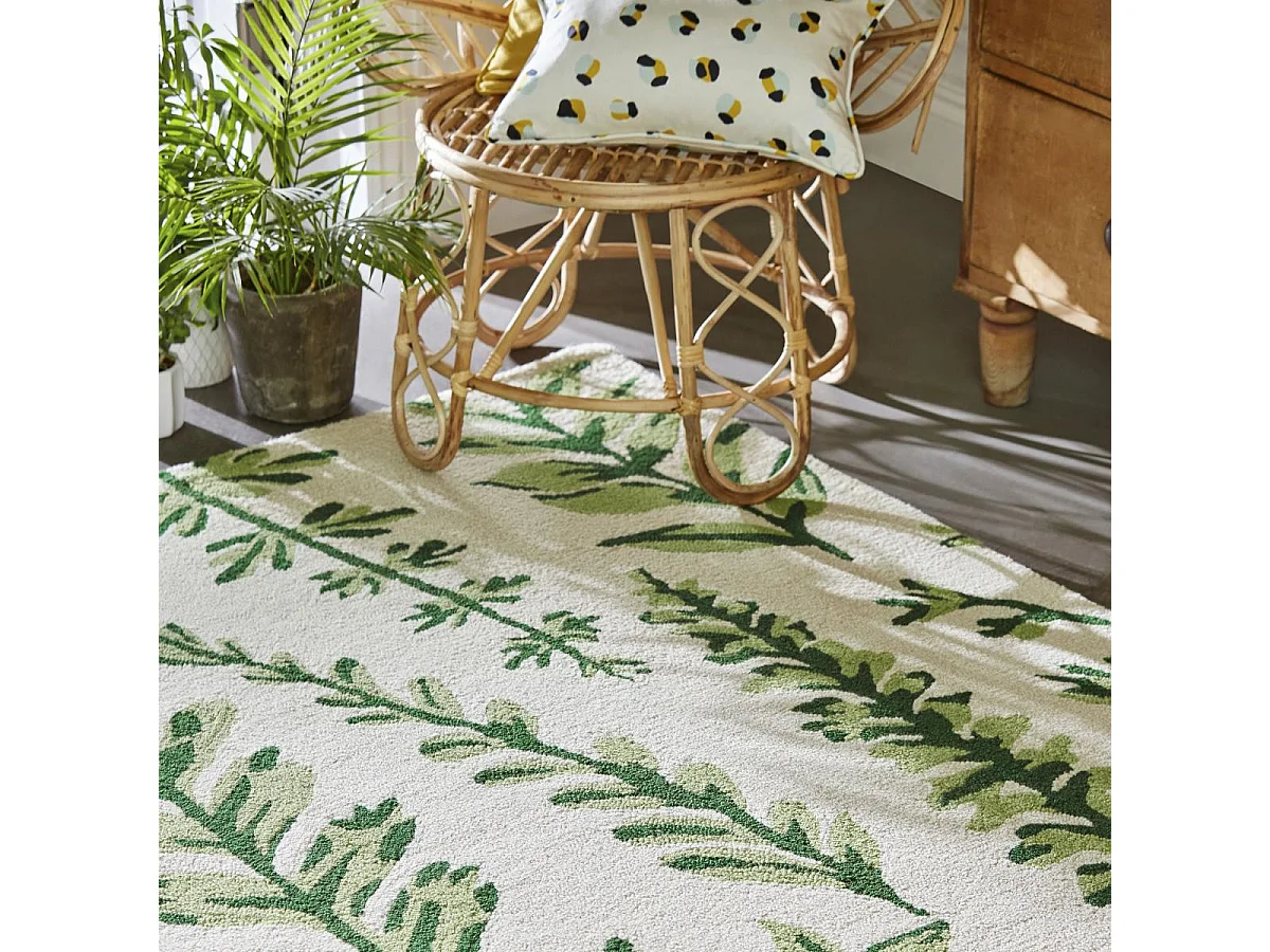 tapis entrée 120x180 fait à la main en laine crème et vert motif floral