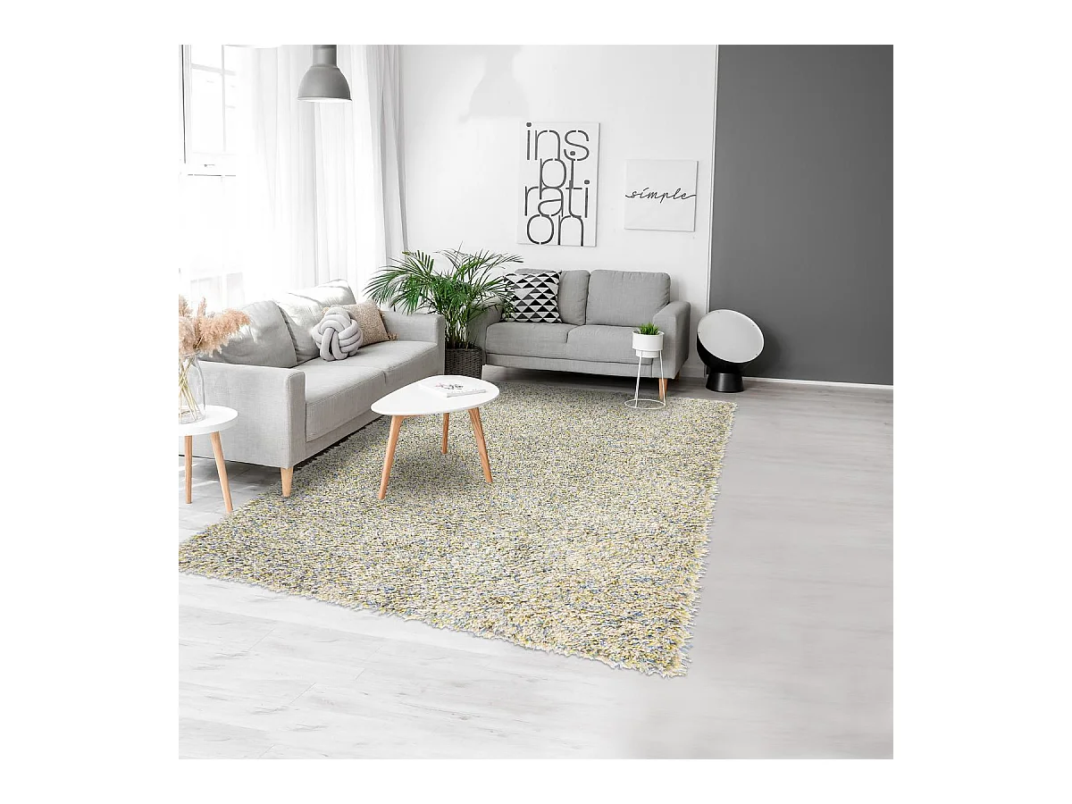 Tapis shaggy 200x280 rectangle tufté jaune et blanc en laine motif faux uni