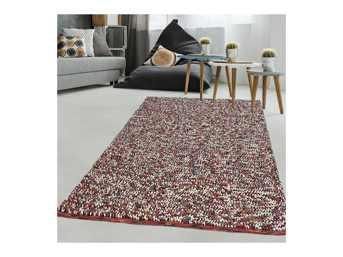 tapis entrée 140x200 tissé en laine beige et rouge rectangle motif faux uni